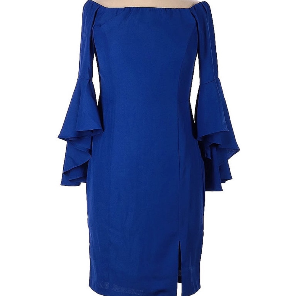 VENUS Royal Blue Off-Shoulder Ruffle Sleeve Dress